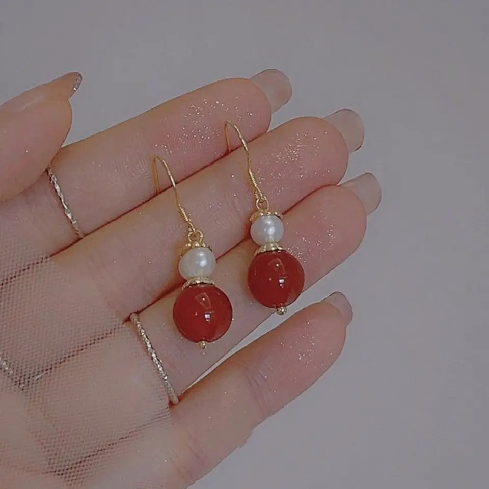 Red Agate Pearl Dangle Earrings for Women - Image 2