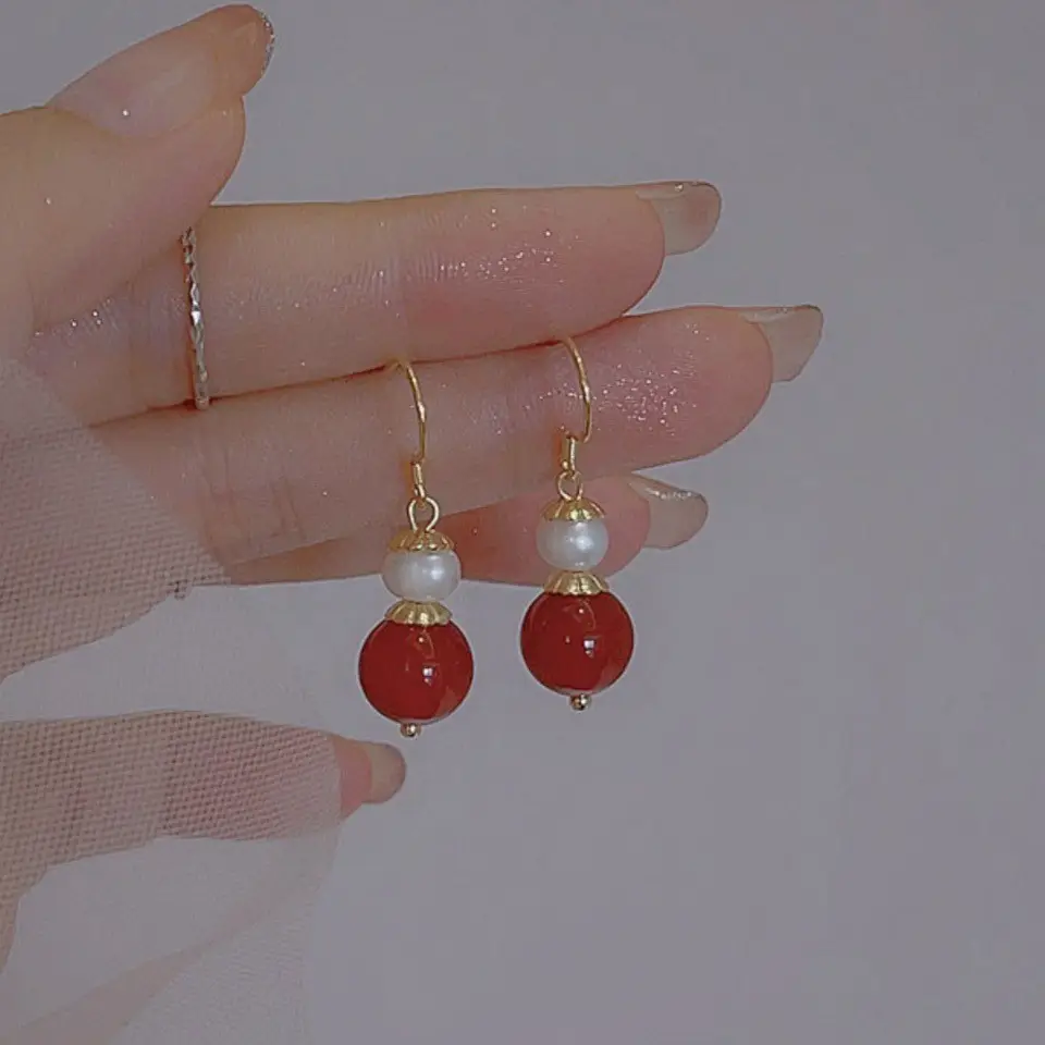Red Agate Pearl Dangle Earrings for Women - Image 3