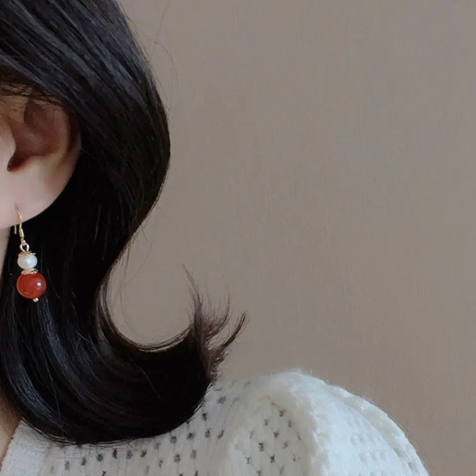 Red Agate Pearl Dangle Earrings for Women - Image 4