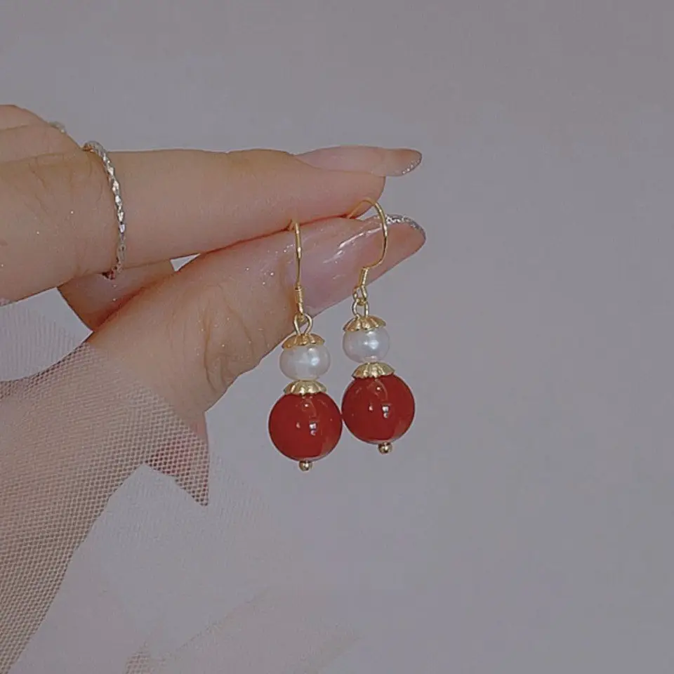 Red Agate Pearl Dangle Earrings for Women - Image 5