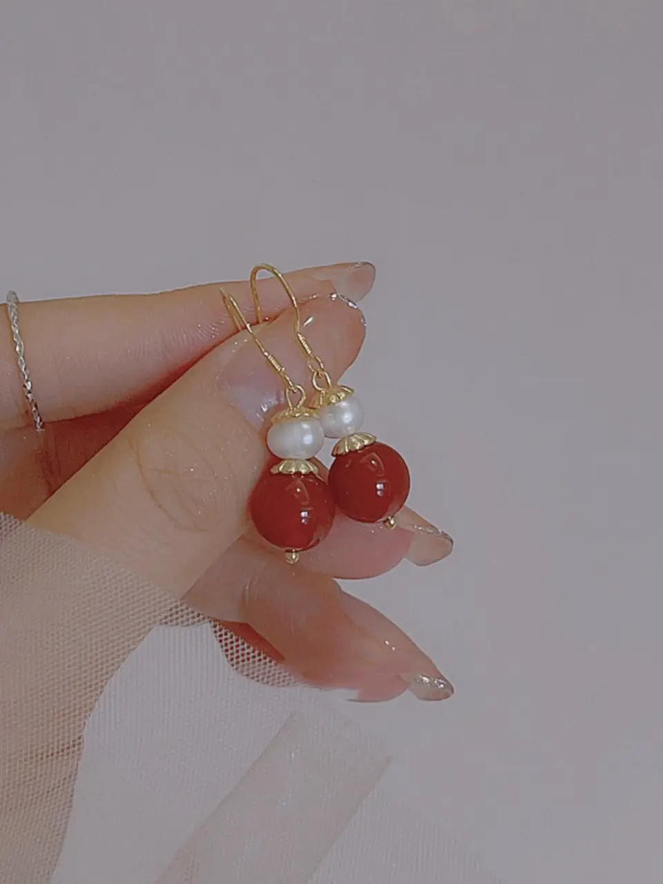 Red Agate Pearl Dangle Earrings for Women — feature 1