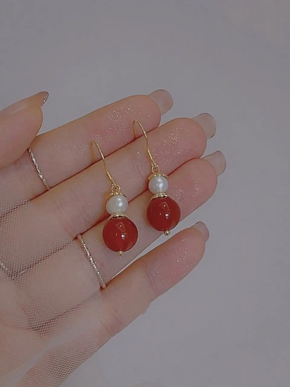Red Agate Pearl Dangle Earrings for Women — feature 2