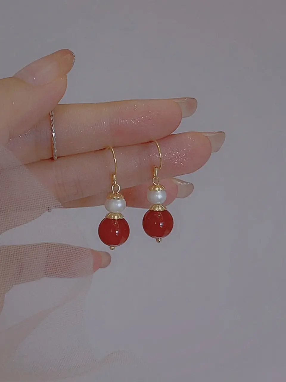 Red Agate Pearl Dangle Earrings for Women — feature 3