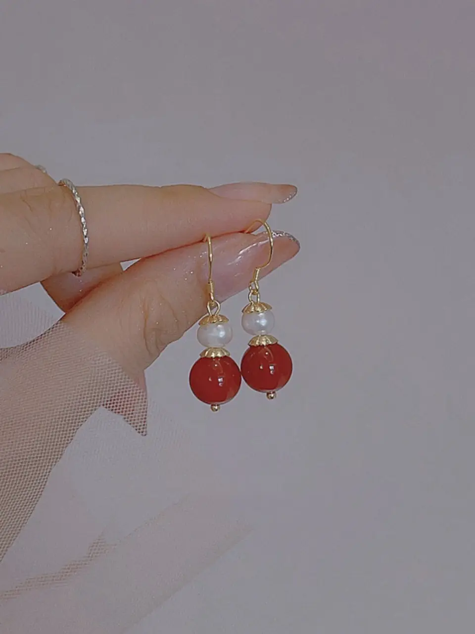 Red Agate Pearl Dangle Earrings for Women — feature 5