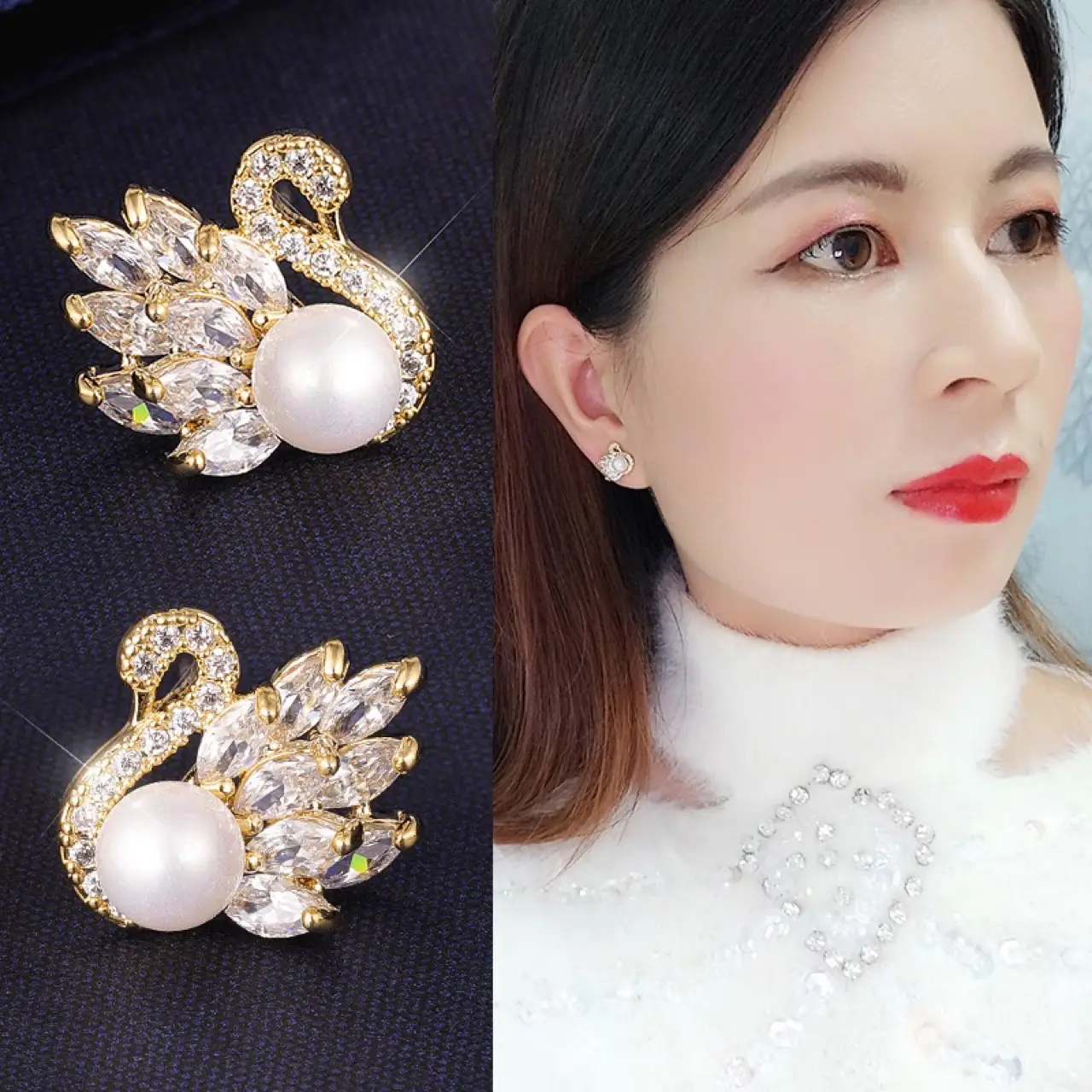 Natural Freshwater Pearl Swan Ear Stud Earrings for Women