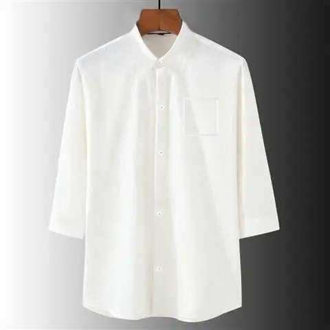 Linen Solid Color Loose plus size Collar Shirt Men's Summer Middle-aged and Elderly Seven-point Sleeve Thin Breathable Short-sleeved Shirt