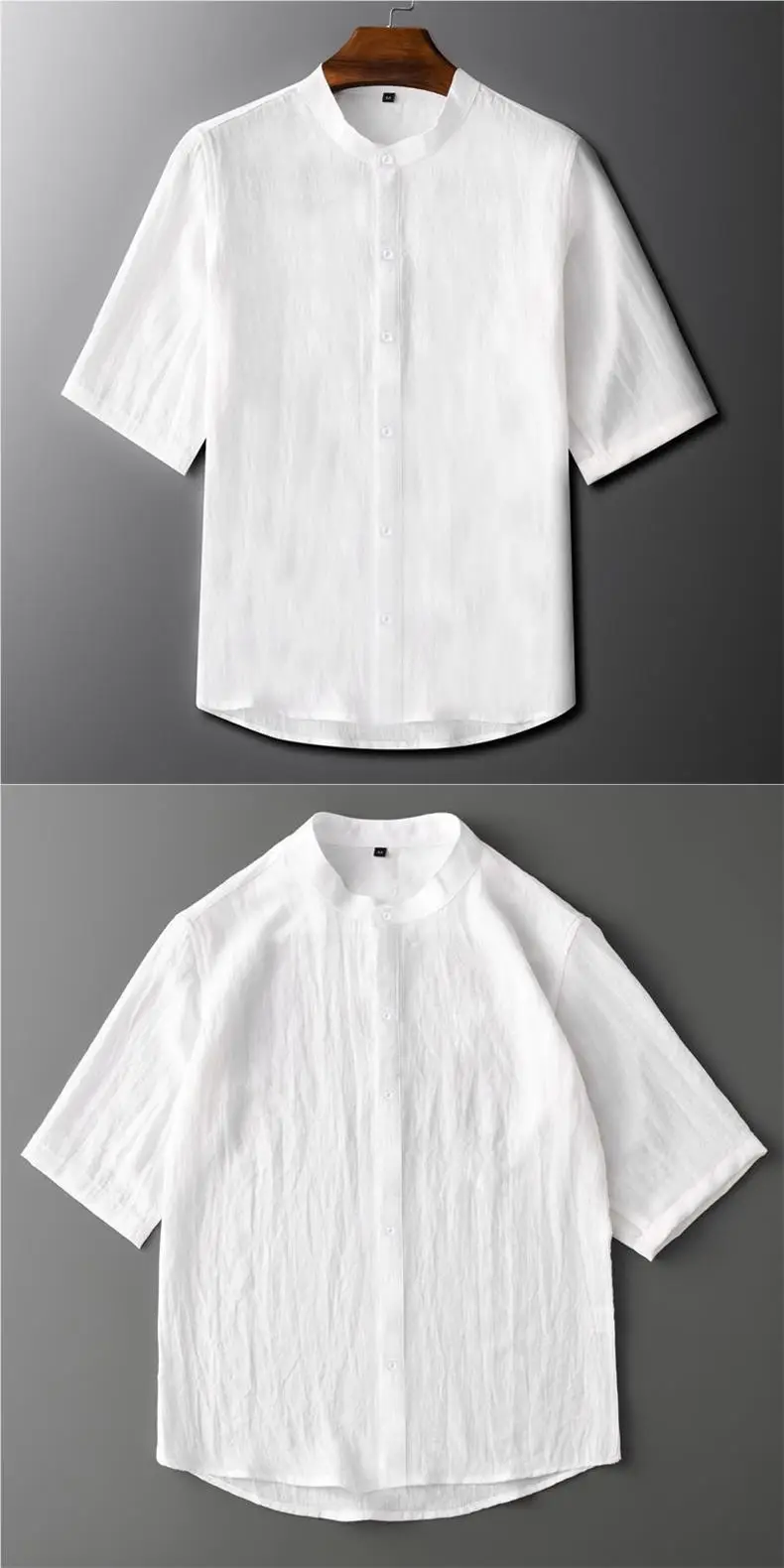 Linen Solid Color Loose plus size Collar Shirt Men's Summer Middle-aged and Elderly Seven-point Sleeve Thin Breathable Short-sleeved Shirt — feature 8