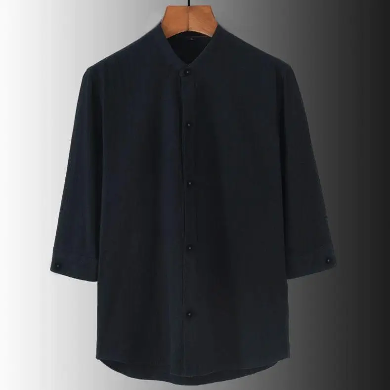 Linen Solid Color Loose plus size Collar Shirt Men's Summer Middle-aged and Elderly Seven-point Sleeve Thin Breathable Short-sleeved Shirt