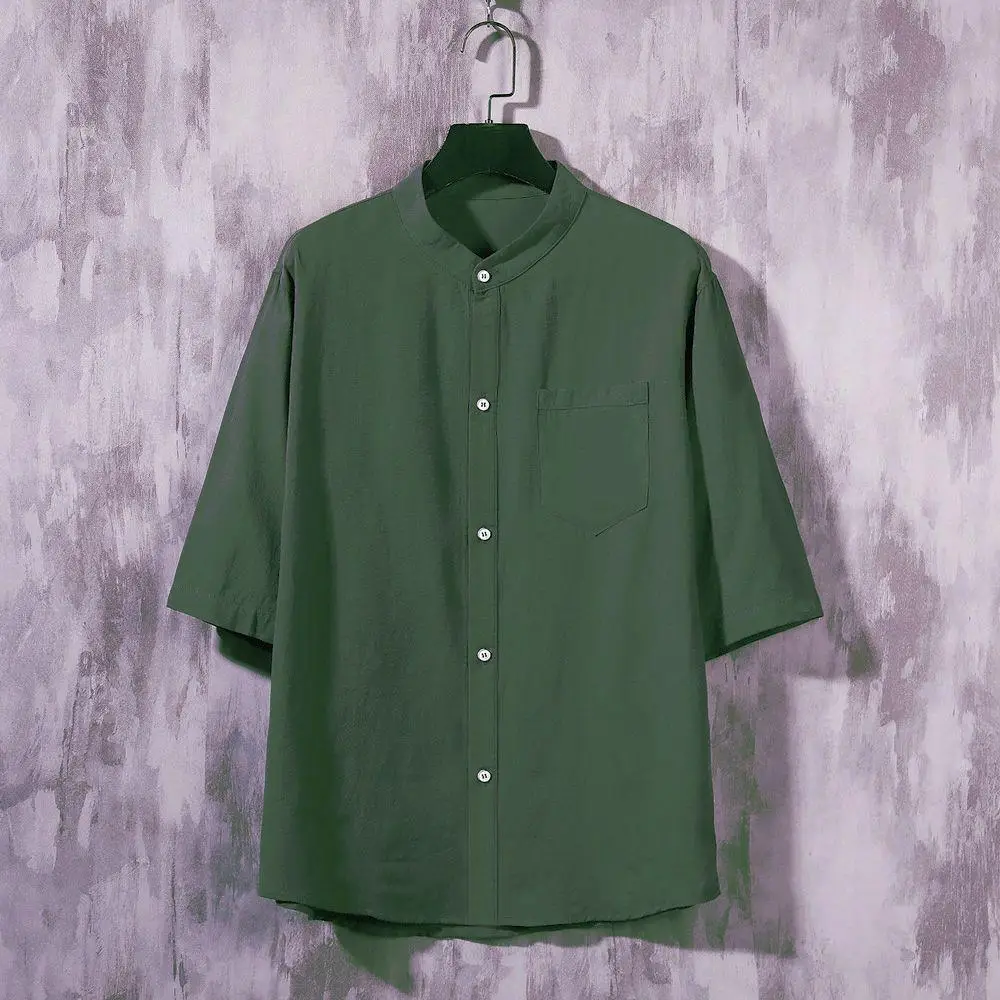 Linen Solid Color Loose plus size Collar Shirt Men's Summer Middle-aged and Elderly Seven-point Sleeve Thin Breathable Short-sleeved Shirt