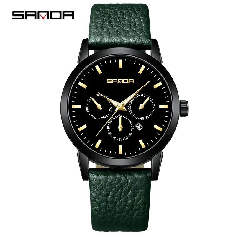 Sanda Men's Black Quartz 3-Eye Calendar Watch