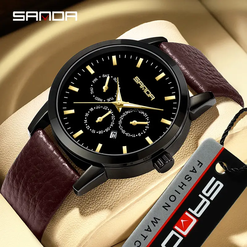 Sanda Men's Black Quartz 3-Eye Calendar Watch