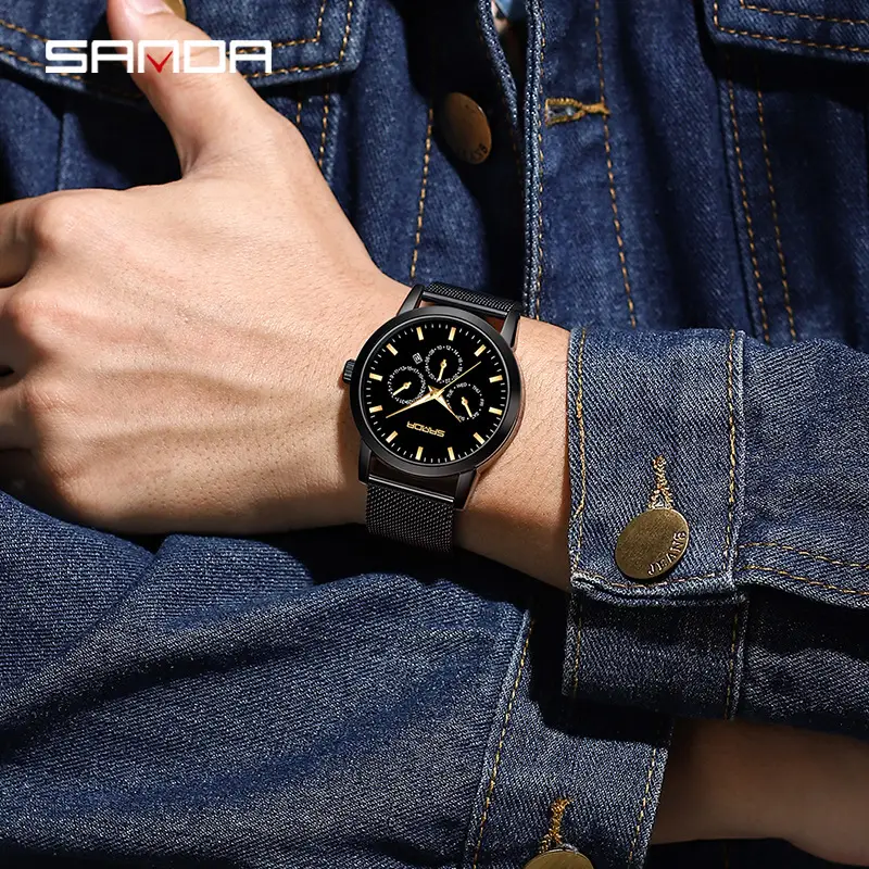 Sanda Men's Black Quartz 3-Eye Calendar Watch