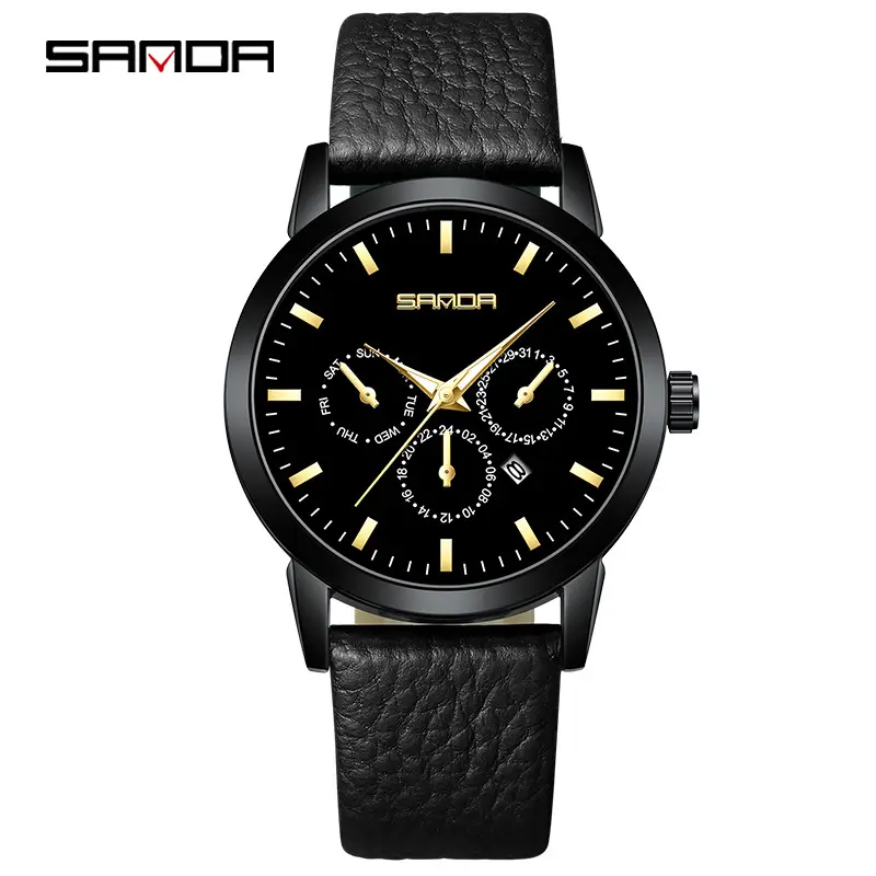 Sanda Men's Black Quartz 3-Eye Calendar Watch