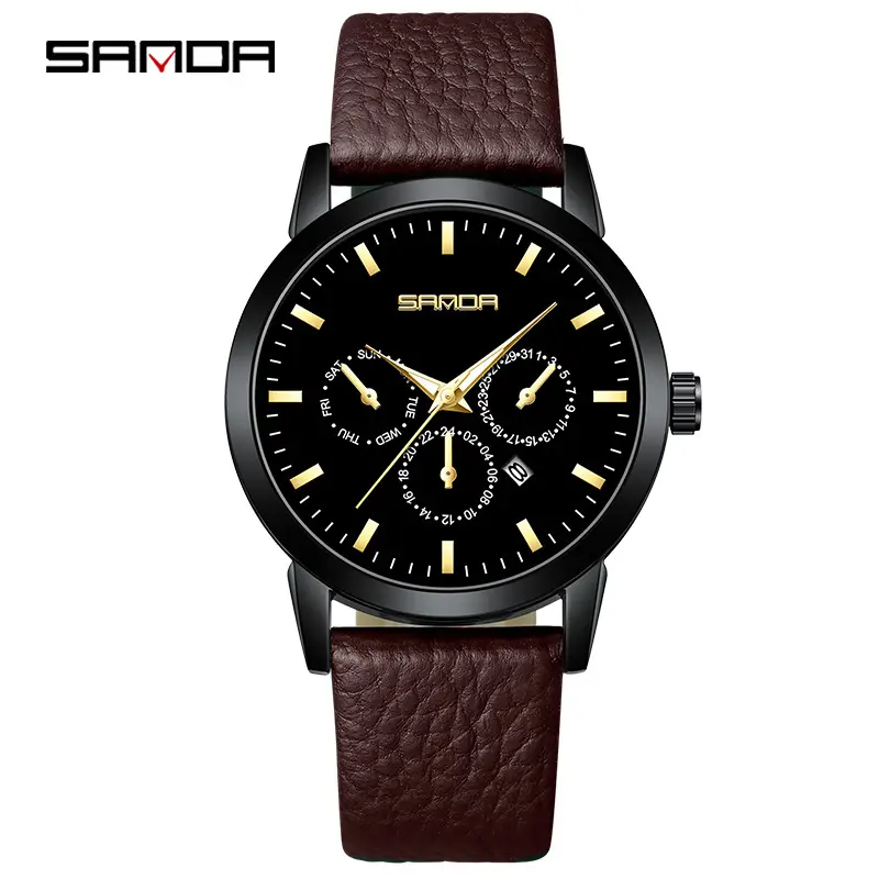 Sanda Men's Black Quartz 3-Eye Calendar Watch
