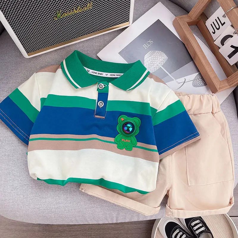 Kids Polo Shirt Set Blue Green Beige Summer Wear