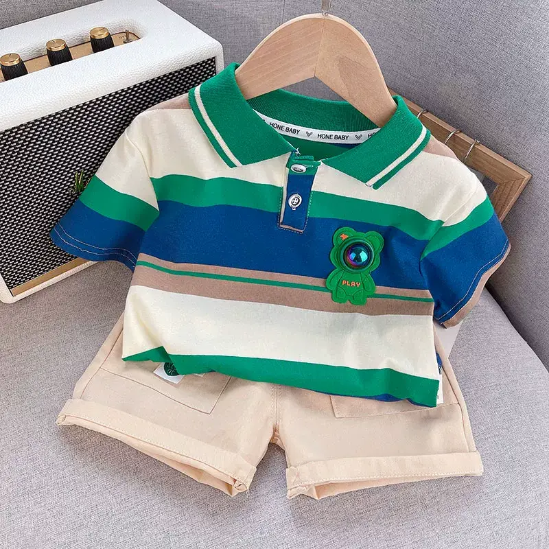 Kids Polo Shirt Set Blue Green Beige Summer Wear — feature 1