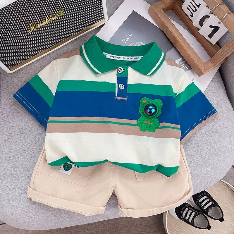 Kids Polo Shirt Set Blue Green Beige Summer Wear — feature 3