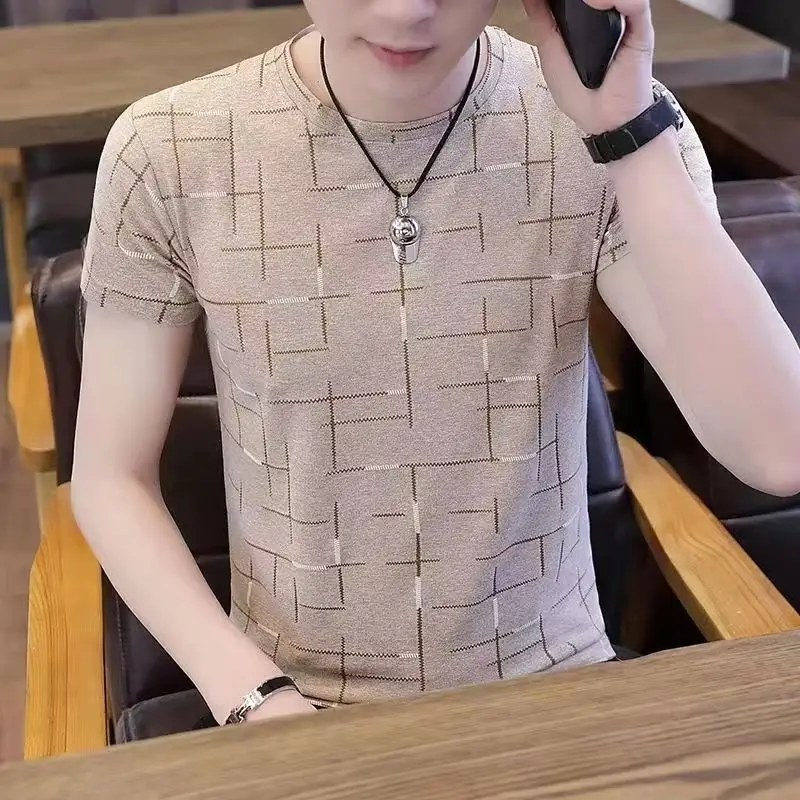 Men Ice Silk Crewneck T-Shirt Pink Slim Fit