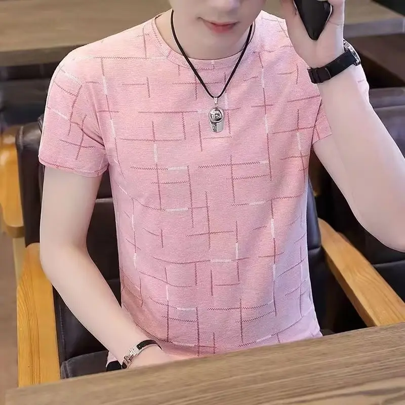 Men Ice Silk Crewneck T-Shirt Pink Slim Fit