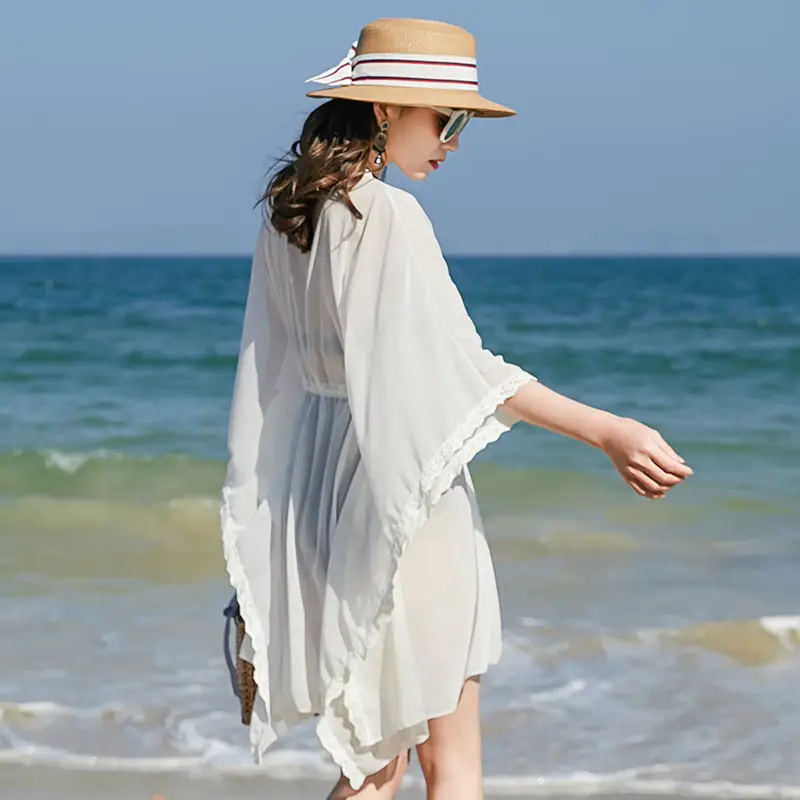 Women Chiffon Beach Coat Mid-Length Sunscreen Cardigan - Image 3