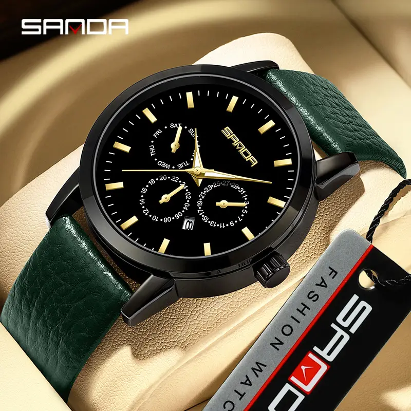 Sanda Black 3-Eyes 6-Pin Quartz Watch for Men