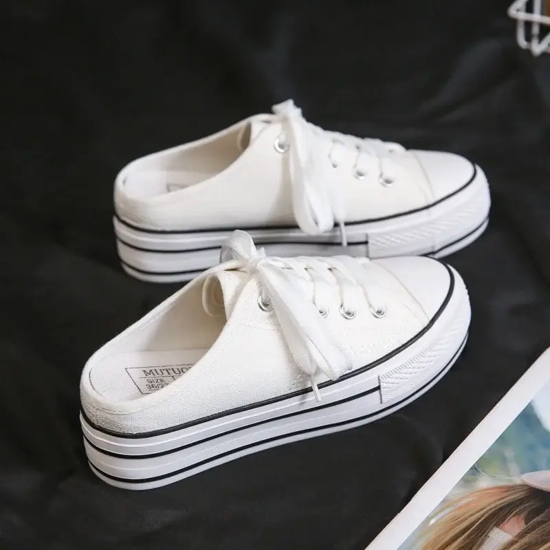 Women Canvas Platform Sneakers White Black Spring - Image 4