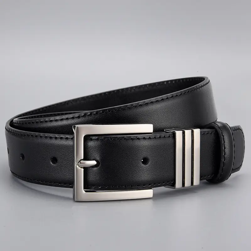 Black Leather Belt with Silver Buckle for Women