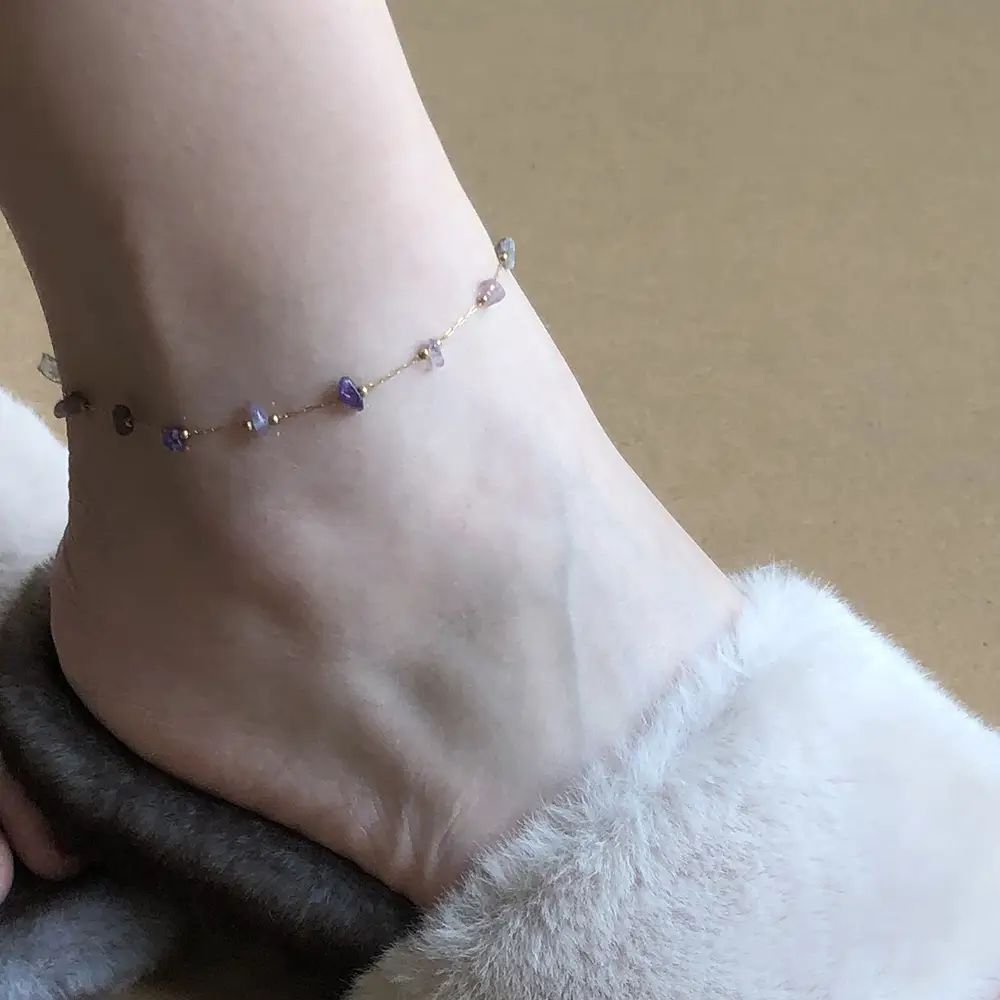 Amethyst Bead Anklet Gold Titanium Adjustable - Image 4
