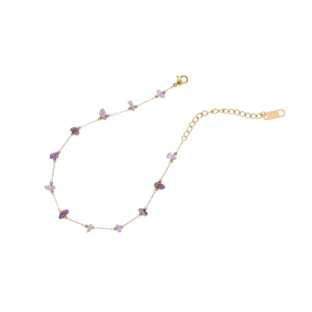 Amethyst Bead Anklet Gold Titanium Adjustable