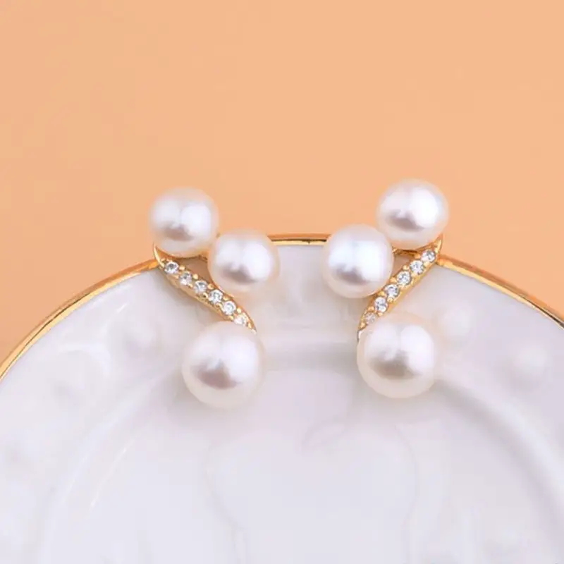 Freshwater Pearl Earrings S925 Silver Needle Lady's Daily Easiest for Match Earrings Three Beads Inlaid Small Temperament Casual Earrings — feature 13