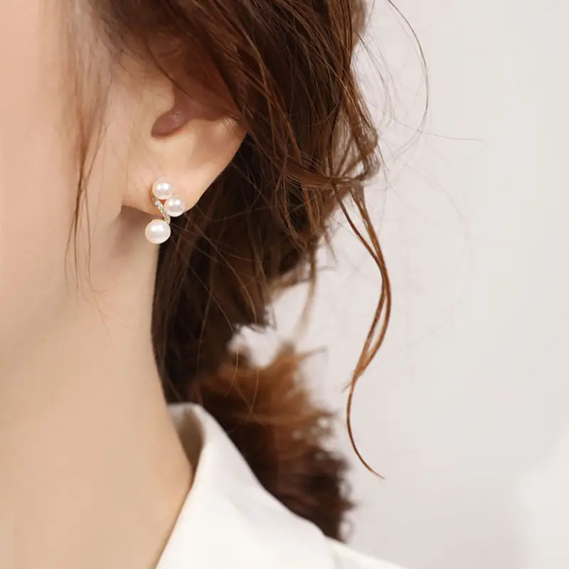 Freshwater Pearl Earrings S925 Silver Needle Lady's Daily Easiest for Match Earrings Three Beads Inlaid Small Temperament Casual Earrings — feature 4