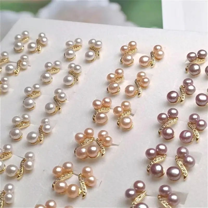 Freshwater Pearl Earrings S925 Silver Needle Lady's Daily Easiest for Match Earrings Three Beads Inlaid Small Temperament Casual Earrings — feature 6