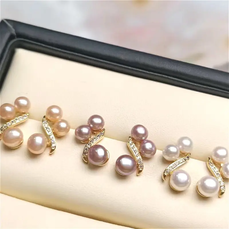 Freshwater Pearl Earrings S925 Silver Needle Lady's Daily Easiest for Match Earrings Three Beads Inlaid Small Temperament Casual Earrings — feature 7