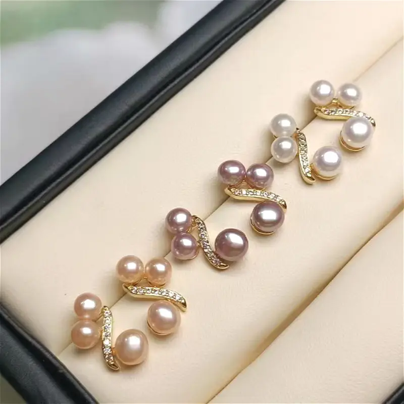 Freshwater Pearl Earrings S925 Silver Needle Lady's Daily Easiest for Match Earrings Three Beads Inlaid Small Temperament Casual Earrings — feature 8