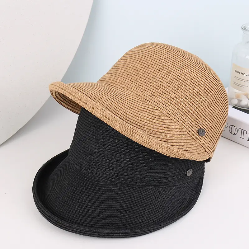 Women's Beige Straw Sun Hat with Button