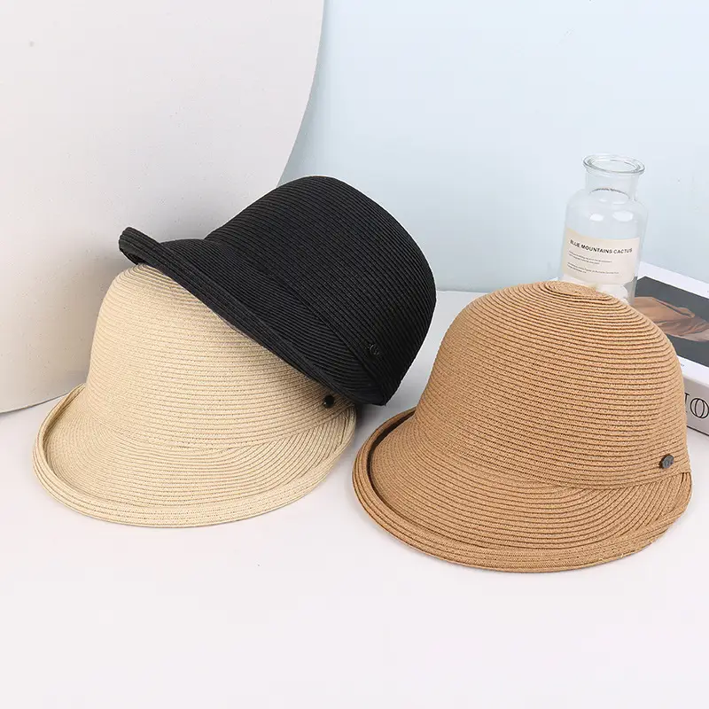 Women's Beige Straw Sun Hat with Button