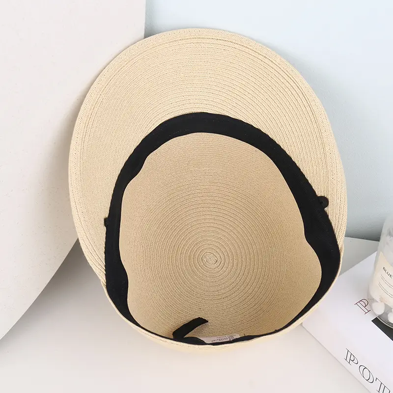 Women's Beige Straw Sun Hat with Button