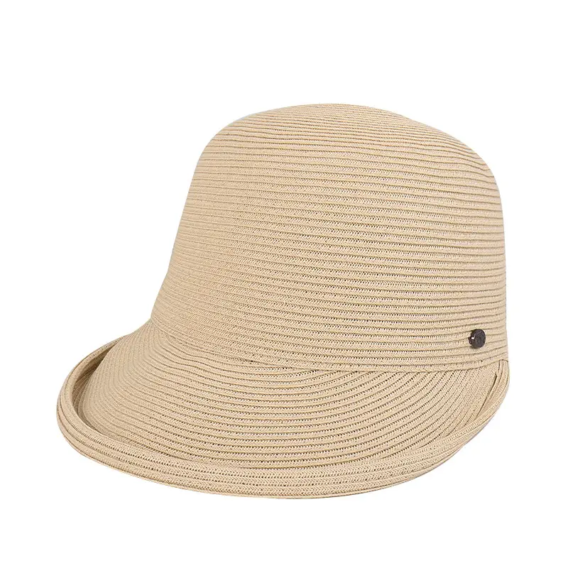 Women's Beige Straw Sun Hat with Button