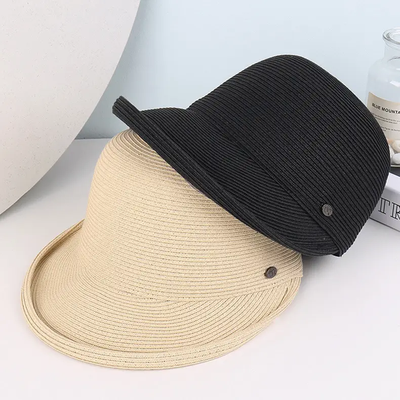 Women's Beige Straw Sun Hat with Button — feature 1