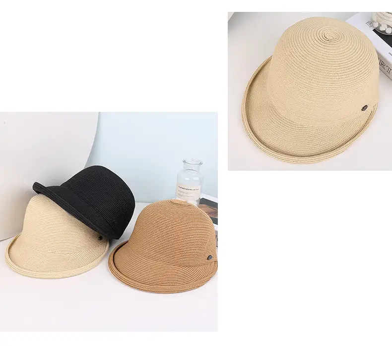 Women's Beige Straw Sun Hat with Button — feature 3