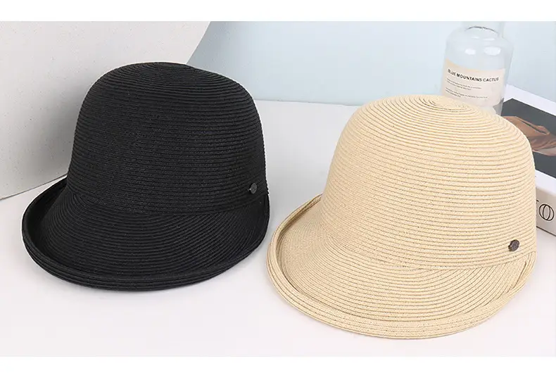 Women's Beige Straw Sun Hat with Button — feature 4
