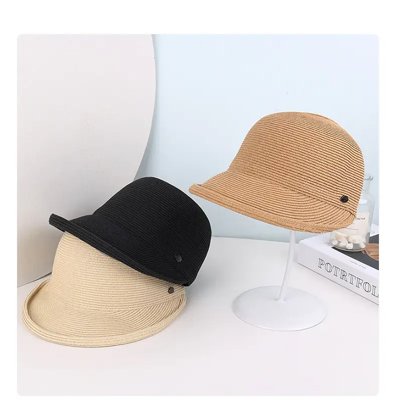 Women's Beige Straw Sun Hat with Button — feature 5