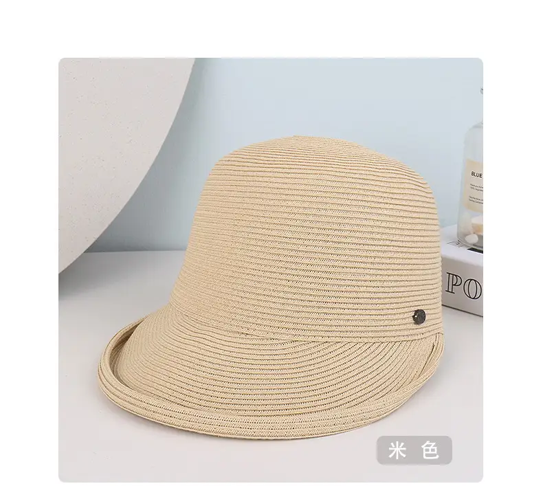 Women's Beige Straw Sun Hat with Button — feature 6