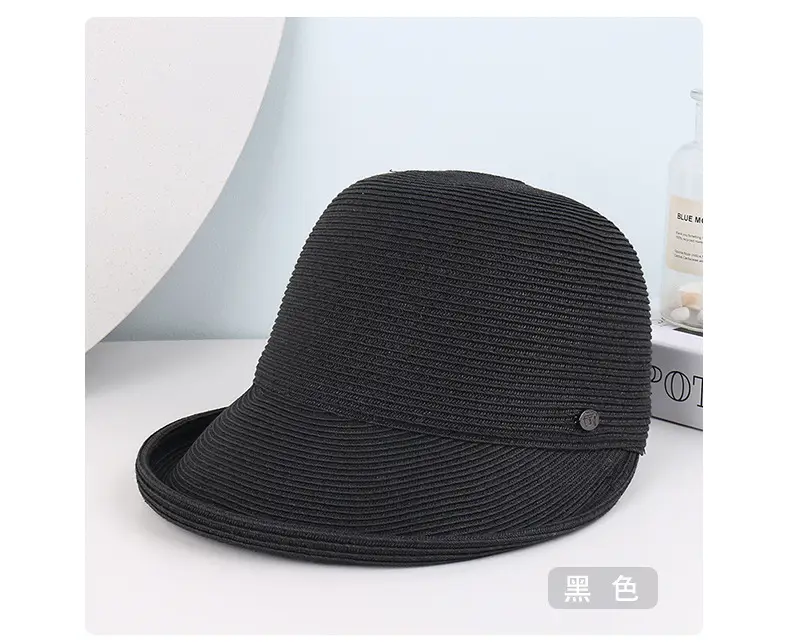 Women's Beige Straw Sun Hat with Button — feature 7