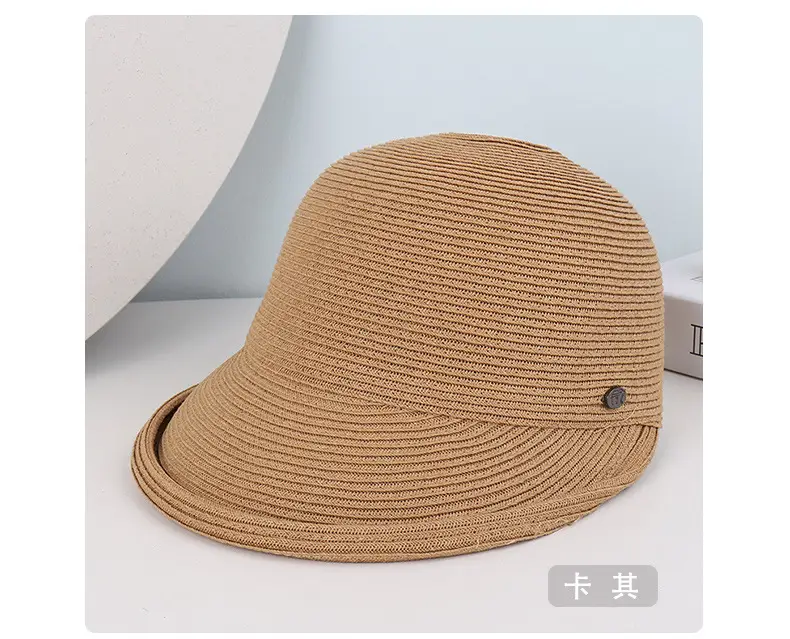 Women's Beige Straw Sun Hat with Button — feature 8