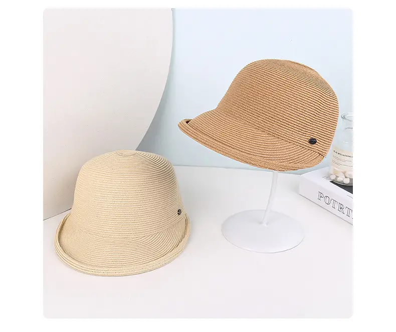 Women's Beige Straw Sun Hat with Button — feature 9