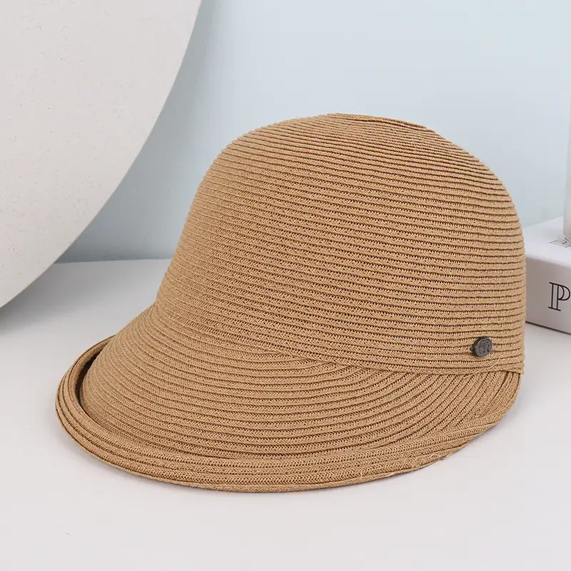 Women's Beige Straw Sun Hat with Button