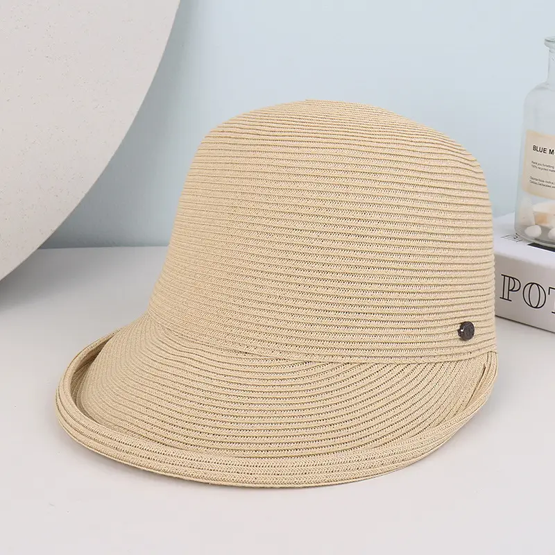 Women's Beige Straw Sun Hat with Button