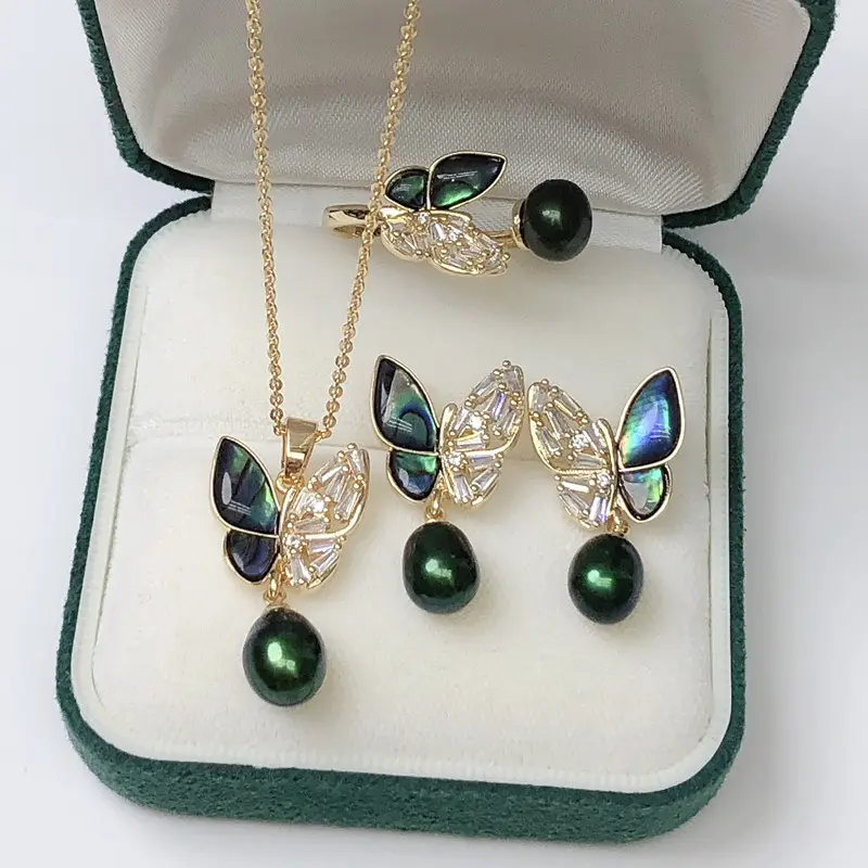 Feminine Pearl Butterfly Necklace Earrings Set - Image 2