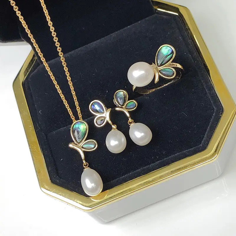 Feminine Pearl Butterfly Necklace Earrings Set - Image 6